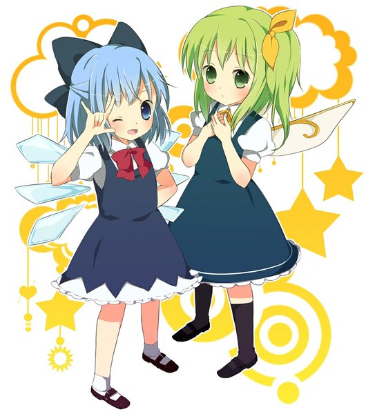 Anime picture 1000x1130 with touhou cirno daiyousei purin jiisan tall image looking at viewer blush short hair open mouth blue eyes white background multiple girls green eyes blue hair one eye closed green hair wink hand on hip one side up mmm