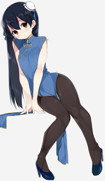 Anime picture 2095x3605 with love live! school idol project sunrise (studio) love live! sonoda umi kayahara (kayaka) single long hair tall image looking at viewer blush fringe highres light erotic black hair simple background white background brown eyes bent knee (knees) traditional clothes parted lips
