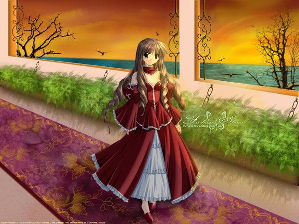 Anime picture 1280x960 with long hair brown hair wavy hair girl dress plant (plants) tree (trees) sea red dress