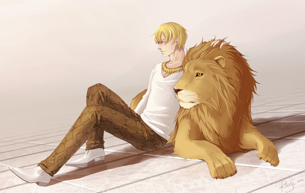 Anime picture 1572x1000 with fate (series) fate/stay night fate/zero studio deen type-moon gilgamesh (fate) riense single short hair blonde hair red eyes boy animal pants jewelry lion