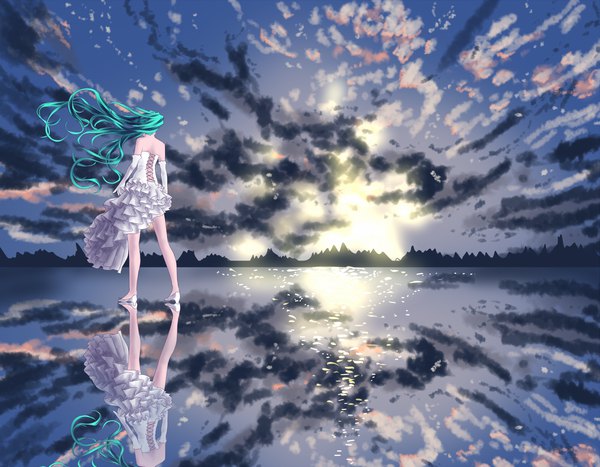 Anime picture 1200x934 with vocaloid hatsune miku yusuke (shiota) single standing bare shoulders sky cloud (clouds) outdoors very long hair green hair from behind floating hair reflection girl dress gloves elbow gloves shoes white gloves
