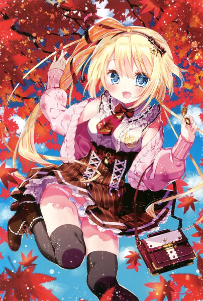 Anime picture 2360x3500 with melonbooks kamiya maneki single long hair tall image looking at viewer blush highres open mouth blue eyes light erotic blonde hair :d scan off shoulder pantyshot side ponytail ass visible through thighs autumn girl