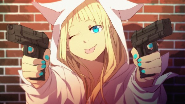 Anime picture 1280x719 with original omar enm single long hair fringe blonde hair wide image holding upper body nail polish head tilt one eye closed aqua eyes blue nail polish animal hood brick wall girl weapon tongue gun