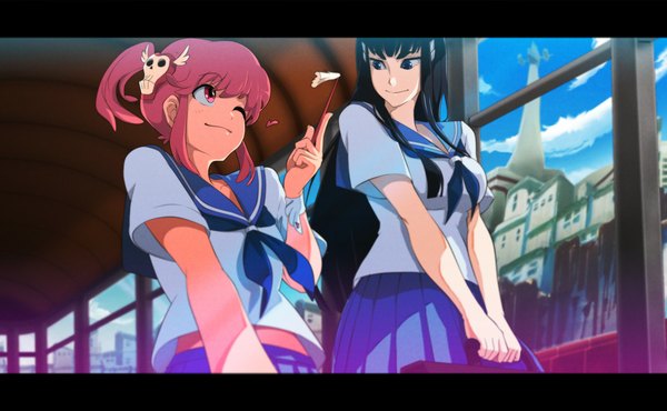 Anime picture 1190x735 with kill la kill studio trigger kiryuuin satsuki jakuzure nonon 71 long hair blue eyes black hair wide image multiple girls payot pink hair one eye closed pink eyes light smile wink letterboxed girl skirt uniform