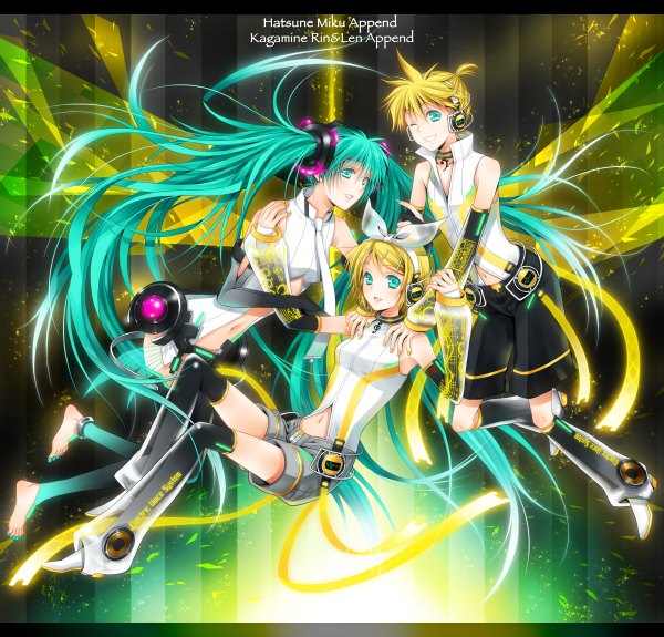 Anime picture 1200x1150 with vocaloid hatsune miku kagamine rin kagamine len yuuno (yukioka) long hair short hair blonde hair twintails multiple girls green eyes green hair group girl boy 2 girls shorts headphones