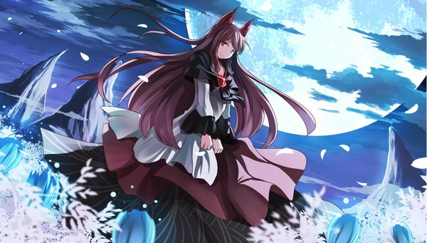 Anime picture 2205x1254 with touhou imaizumi kagerou risutaru single long hair looking at viewer blush highres smile red eyes brown hair wide image animal ears cloud (clouds) long sleeves wide sleeves night sky wolf ears girl dress