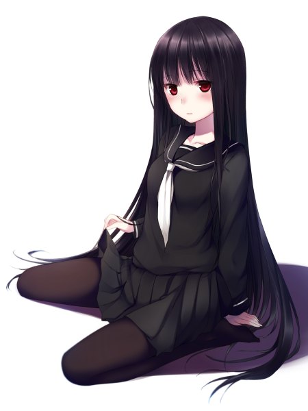 Anime picture 900x1200 with original itou nanami single long hair tall image looking at viewer blush fringe breasts black hair simple background red eyes white background sitting holding pleated skirt shadow wariza girl skirt