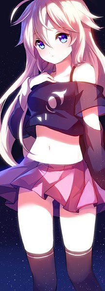 Anime picture 361x1000 with vocaloid ia (vocaloid) stellarism single long hair tall image looking at viewer blush fringe blue eyes simple background standing bare belly hand on chest black background girl thighhighs skirt navel black thighhighs