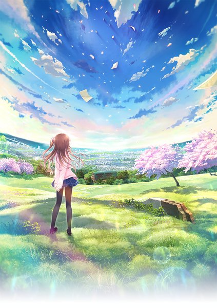 Anime picture 1600x2267 with koi kakeru shin-ai kanojo us:track (studio) himeno sena kimishima ao single long hair tall image brown hair standing cloud (clouds) outdoors pleated skirt from behind sunlight shadow one side up cherry blossoms lens flare city hands behind back