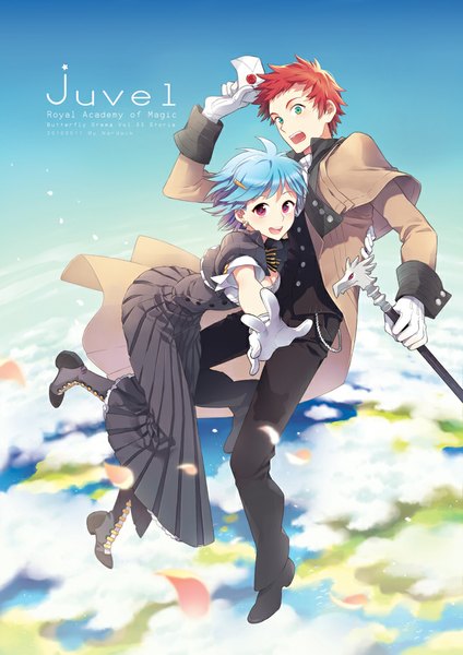 Anime picture 707x1000 with original butterfly dream (artbook) nardack tall image short hair open mouth green eyes blue hair sky red hair pink eyes couple hug outstretched arm weightlessness girl boy gloves petals coat