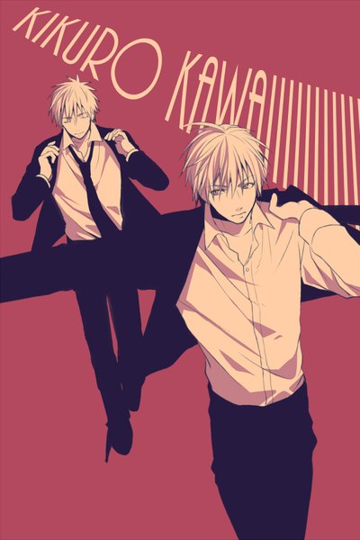 Anime picture 600x900 with kuroko no basket production i.g kuroko tetsuya kise ryouta mashima shima tall image fringe short hair simple background hair between eyes looking away eyes closed multiple boys character names monochrome open collar red background walking formal dressing