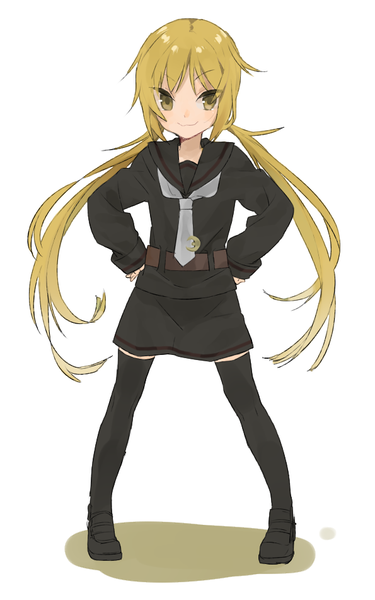 Anime picture 595x950 with kantai collection satsuki destroyer hita (hitapita) single long hair tall image looking at viewer simple background blonde hair smile white background twintails yellow eyes low twintails :3 hands on hips girl thighhighs uniform black thighhighs