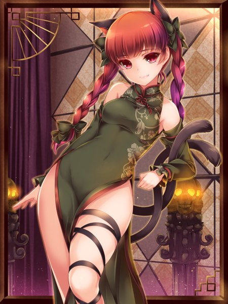Anime picture 1050x1400 with touhou kaenbyou rin moneti (daifuku) single long hair tall image looking at viewer red eyes animal ears red hair tail braid (braids) animal tail light smile cat ears cat girl cat tail leaning covered navel chinese clothes