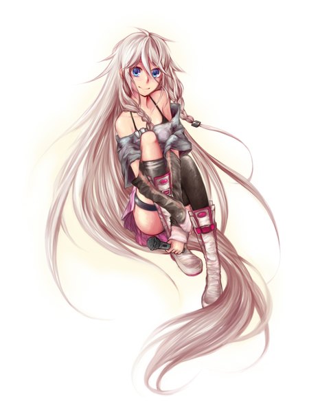 Anime picture 1536x2048 with vocaloid ia (vocaloid) single tall image looking at viewer blue eyes light erotic blonde hair simple background smile white background bare shoulders braid (braids) very long hair twin braids girl thighhighs black thighhighs boots microphone