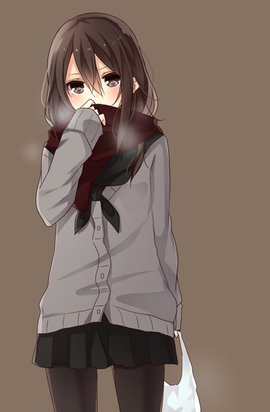 Anime picture 851x1300 with original yamasuta single long hair tall image looking at viewer blush black hair brown eyes grey background girl skirt scarf sweater