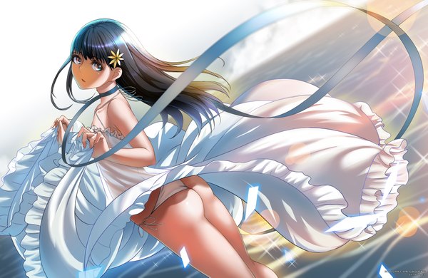 Anime picture 2000x1301 with original maisaki single long hair highres blue eyes light erotic black hair ass looking back girl hair ornament underwear panties ribbon (ribbons) white panties sundress