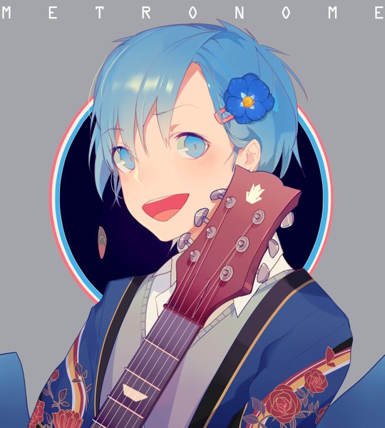 Anime picture 2671x2965 with original ryuutsuki basetsu single tall image looking at viewer blush highres short hair open mouth blue eyes blue hair inscription grey background boy hair ornament hairclip guitar