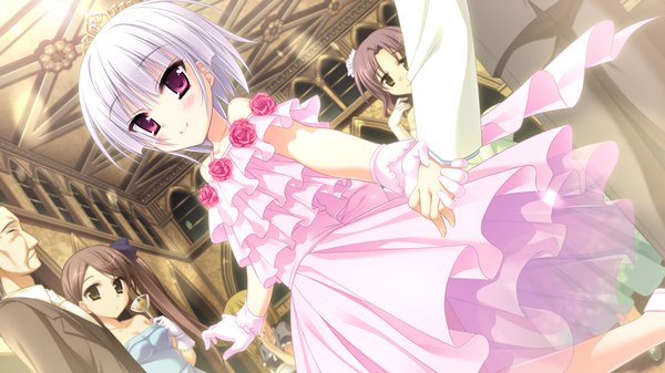 Anime picture 1280x720 with hatsuyuki sakura tamaki sakura moribe (rabumanyo) blush short hair smile red eyes wide image game cg white hair girl dress gloves