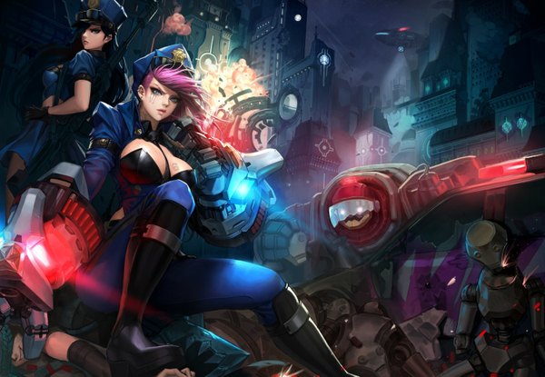 Anime picture 1500x1039 with league of legends jinx (league of legends) caitlyn (league of legends) vi (league of legends) officer caitlyn blitzcrank (league of legends) ake (cherrylich) short hair breasts blue eyes light erotic black hair smile large breasts sitting multiple girls pink hair cleavage lips tattoo