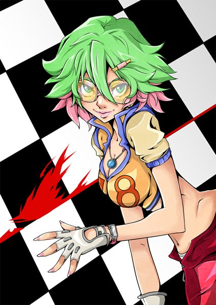 Anime picture 744x1052 with redline sonoshee mclaren tagme (artist) single tall image looking at viewer short hair light erotic green eyes pink hair nail polish multicolored hair green hair lipstick checkered checkered background girl gloves navel hair ornament