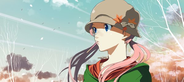 Anime picture 1600x719 with original hirokiku blue eyes wide image twintails pink hair sky cloud (clouds) autumn girl plant (plants) tree (trees) sweets leaf (leaves) cap pocky