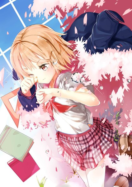 Anime picture 1024x1449 with original furisuku tall image blush short hair blonde hair smile red eyes standing bent knee (knees) eyes closed pleated skirt one eye closed from above wind wink cherry blossoms plaid skirt shiny girl
