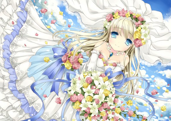 Anime picture 1023x723 with original wataame27 single long hair looking at viewer blush blue eyes blonde hair smile bare shoulders sky cloud (clouds) wind tears girl dress gloves flower (flowers) ribbon (ribbons) petals