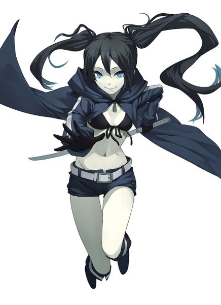 Anime picture 945x1299 with black rock shooter black rock shooter (character) fkey single long hair tall image looking at viewer highres breasts blue eyes black hair smile white background twintails scar girl gloves navel weapon sword
