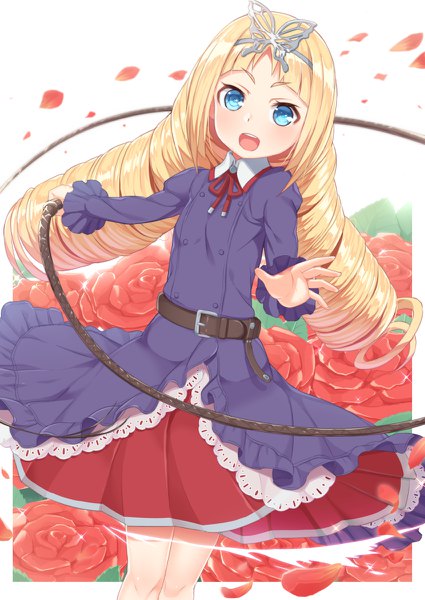 Anime picture 850x1200 with busou shoujo machiavellism chouka u baragasaki tachimi (basue) single long hair tall image looking at viewer blush open mouth blue eyes blonde hair loli outstretched arm drill hair girl dress hair ornament flower (flowers) petals rose (roses)