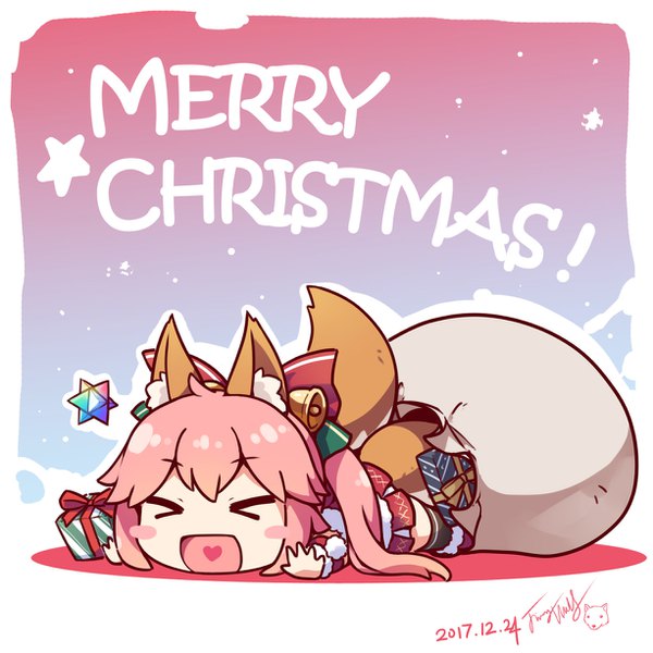 Anime picture 1225x1225 with fate (series) fate/grand order tamamo (fate) (all) tamamo no mae (fate) langbazi single long hair signed animal ears pink hair full body tail lying eyes closed animal tail fox ears dated fox tail fox girl christmas