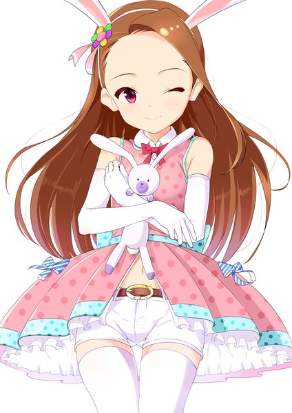 Anime picture 2480x3507 with idolmaster minase iori virtual harimoto single long hair tall image looking at viewer blush highres simple background smile brown hair white background bare shoulders animal ears one eye closed pink eyes wink bunny ears zettai ryouiki