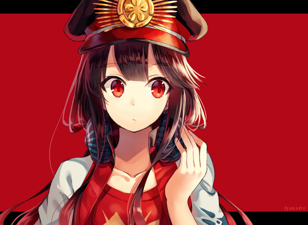 Anime picture 1400x1024 with fate (series) fate/grand order oda nobunaga (fate) (all) oda nobunaga (swimsuit berserker) (fate) nonono (nononotea) single long hair fringe simple background red eyes brown hair signed looking away upper body portrait letterboxed red background headphones around neck hand on headphones girl