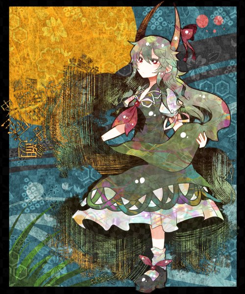 Anime picture 1250x1500 with touhou kamishirasawa keine ex-keine itomugi-kun single long hair tall image looking at viewer red eyes horn (horns) green hair border girl dress bow plant (plants) socks white socks grass
