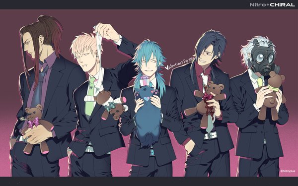 Anime picture 1920x1200 with dramatical murder nitro+chiral aoba (dmmd) clear (dmmd) ren (dmmd) noiz (dmmd) koujaku mink (dmmd) honya lala long hair fringe highres short hair black hair blonde hair smile brown hair wide image yellow eyes blue hair