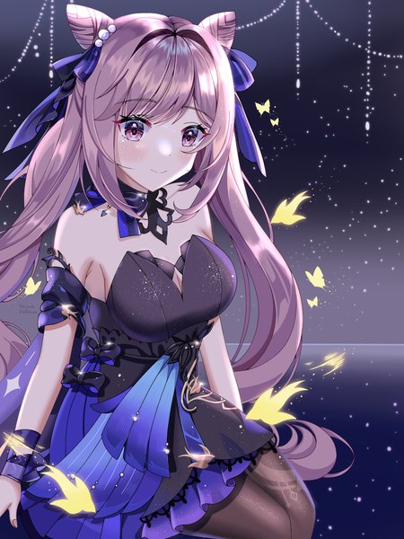 Anime picture 2048x2732 with genshin impact keqing (genshin impact) keqing (opulent splendor) (genshin impact) najwa ibrahimi single long hair tall image looking at viewer blush fringe highres breasts smile large breasts sitting purple eyes twintails bare shoulders payot purple hair