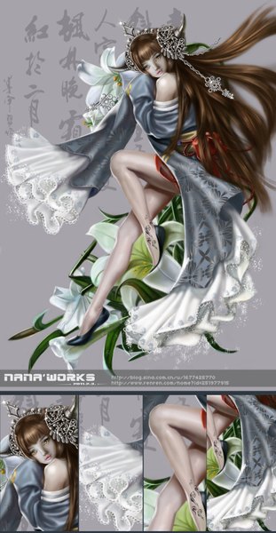Anime picture 1819x3508 with original nana hang single long hair tall image highres brown hair bare shoulders realistic inscription grey background tattoo legs hieroglyph girl hair ornament flower (flowers) shoes jewelry lily (flower)