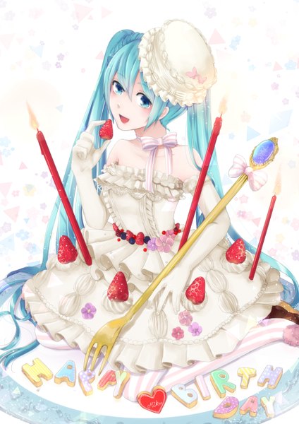 Anime picture 952x1347 with vocaloid hatsune miku honegumi single tall image looking at viewer blush open mouth twintails very long hair aqua eyes aqua hair happy birthday girl dress hat food berry (berries) strawberry