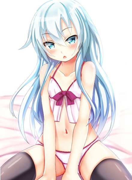 Anime picture 734x1000 with kantai collection hibiki destroyer ebi 193 single long hair tall image looking at viewer blush breasts open mouth blue eyes light erotic simple background blue hair flat chest thighhighs navel underwear panties