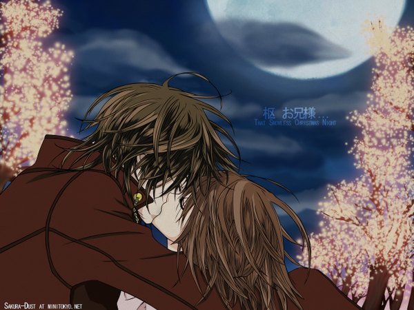 Anime picture 1280x960 with vampire knight studio deen cross yuki clan kaname short hair brown hair sky cloud (clouds) eyes closed long sleeves wind inscription night night sky couple hug hieroglyph kiss dark hair girl