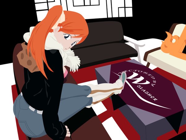 Anime picture 1600x1200 with bleach studio pierrot inoue orihime orange hair girl jacket scarf table room