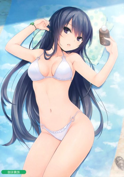 Anime picture 2451x3500 with melonbooks coffee-kizoku single long hair tall image looking at viewer highres breasts open mouth light erotic black hair purple eyes scan girl navel swimsuit bikini white bikini oil