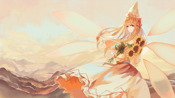 Anime picture 1601x900 with touhou lily white hkj0230 (cc) single long hair fringe blue eyes blonde hair smile wide image holding looking away sky cloud (clouds) multiple wings girl dress flower (flowers) wings bouquet