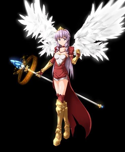 Anime picture 1400x1700 with original kaho single long hair tall image breasts simple background purple eyes looking away purple hair light smile black background angel wings girl wings staff tiara