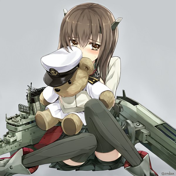 Anime picture 1000x1000 with kantai collection taihou armored aircraft carrier orda single long hair looking at viewer blush simple background brown hair sitting brown eyes grey background hug girl thighhighs uniform hair ornament boots toy stuffed animal