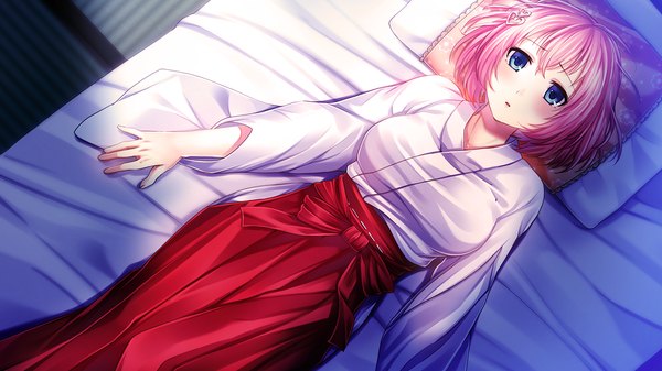 Anime picture 1280x720 with ayame no machi to ohimesama kazuharu kina blush short hair open mouth blue eyes wide image pink hair game cg lying traditional clothes miko girl hair ornament heart hair ornament