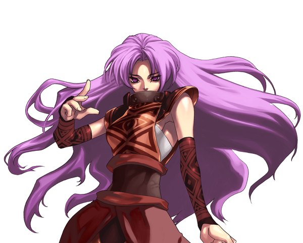 Anime picture 2000x1600 with spectral force idea factory camisia (spectral force) nakamura tatsunori single long hair looking at viewer highres simple background white background purple eyes purple hair wind girl detached sleeves