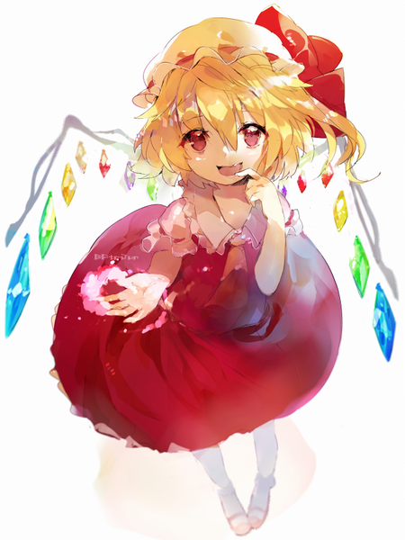 Anime picture 600x800 with touhou flandre scarlet atsumi jun single tall image looking at viewer fringe short hair open mouth simple background blonde hair hair between eyes red eyes white background from above finger to mouth girl hat wings bonnet