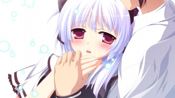 Anime picture 1280x720 with fortissimo//akkord:bsusvier (game) kurobane sayuki ooba kagerou blush red eyes wide image game cg white hair girl