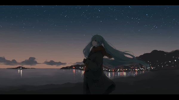 Anime picture 1640x923 with vocaloid hatsune miku hanno single long hair wide image twintails cloud (clouds) aqua eyes aqua hair night night sky mountain landscape city lights girl gloves water scarf star (stars)