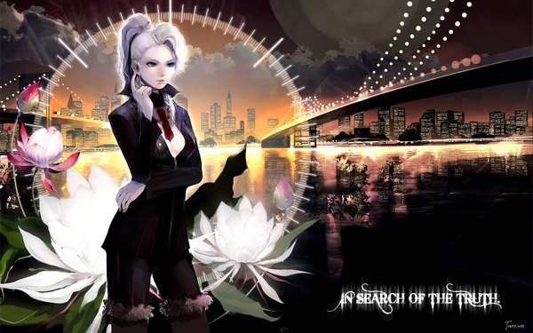 Anime picture 1680x1050 with trauma center highres breasts light erotic wide image sky cleavage silver hair ponytail lips city formal thighhighs flower (flowers) earrings boots fur thigh boots jewelry suit